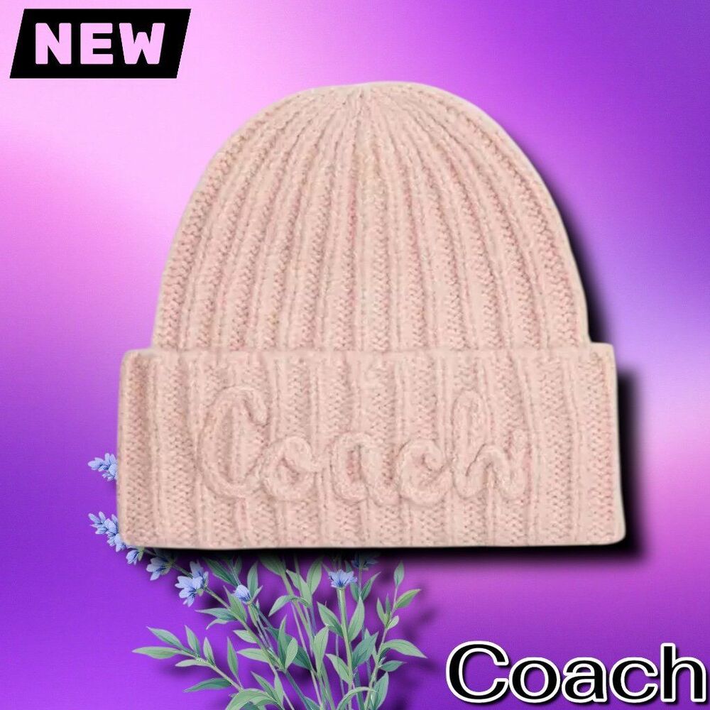 🔴New NWT Coach Script Knit Beanie Cozy Hat – Pink - Picture 1 of 3
